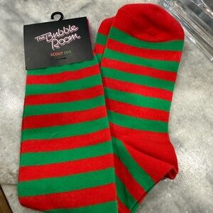 NWT “ The Bubble Room” Red and Green Striped Socks that the waiters wear.